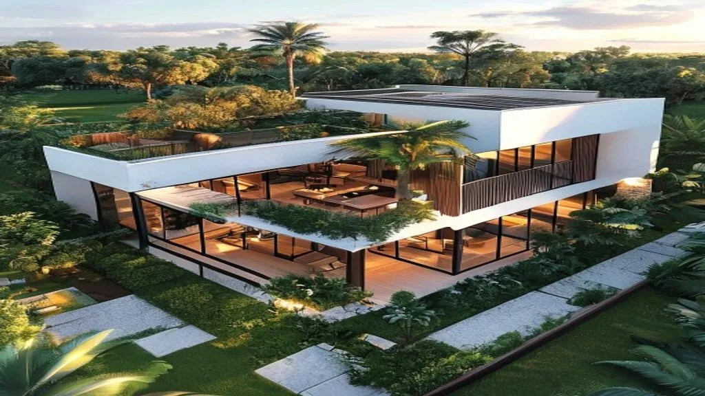 Render aéreo fotorrealista de una vivienda campestre moderna de dos niveles con terraza y jardín