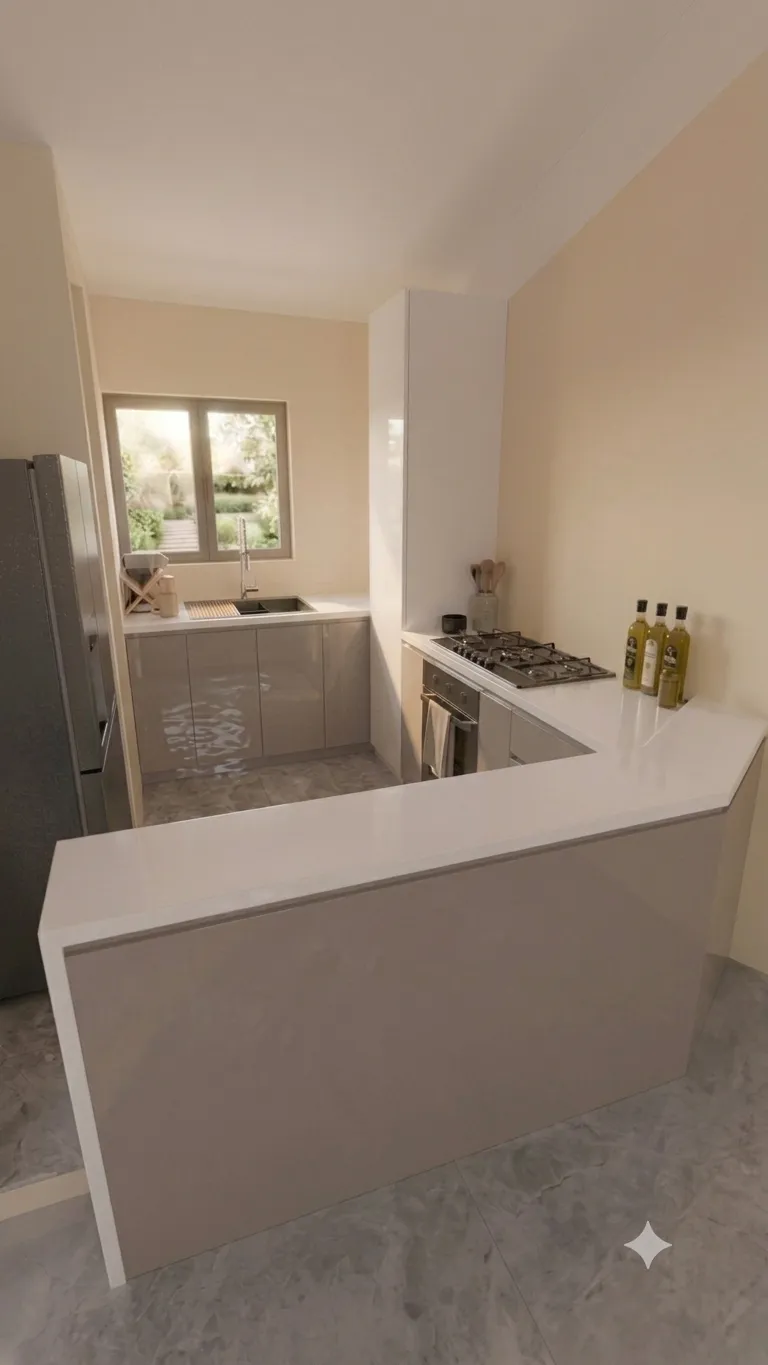 Render de cocina con península en tono claro y piso de mármol gris