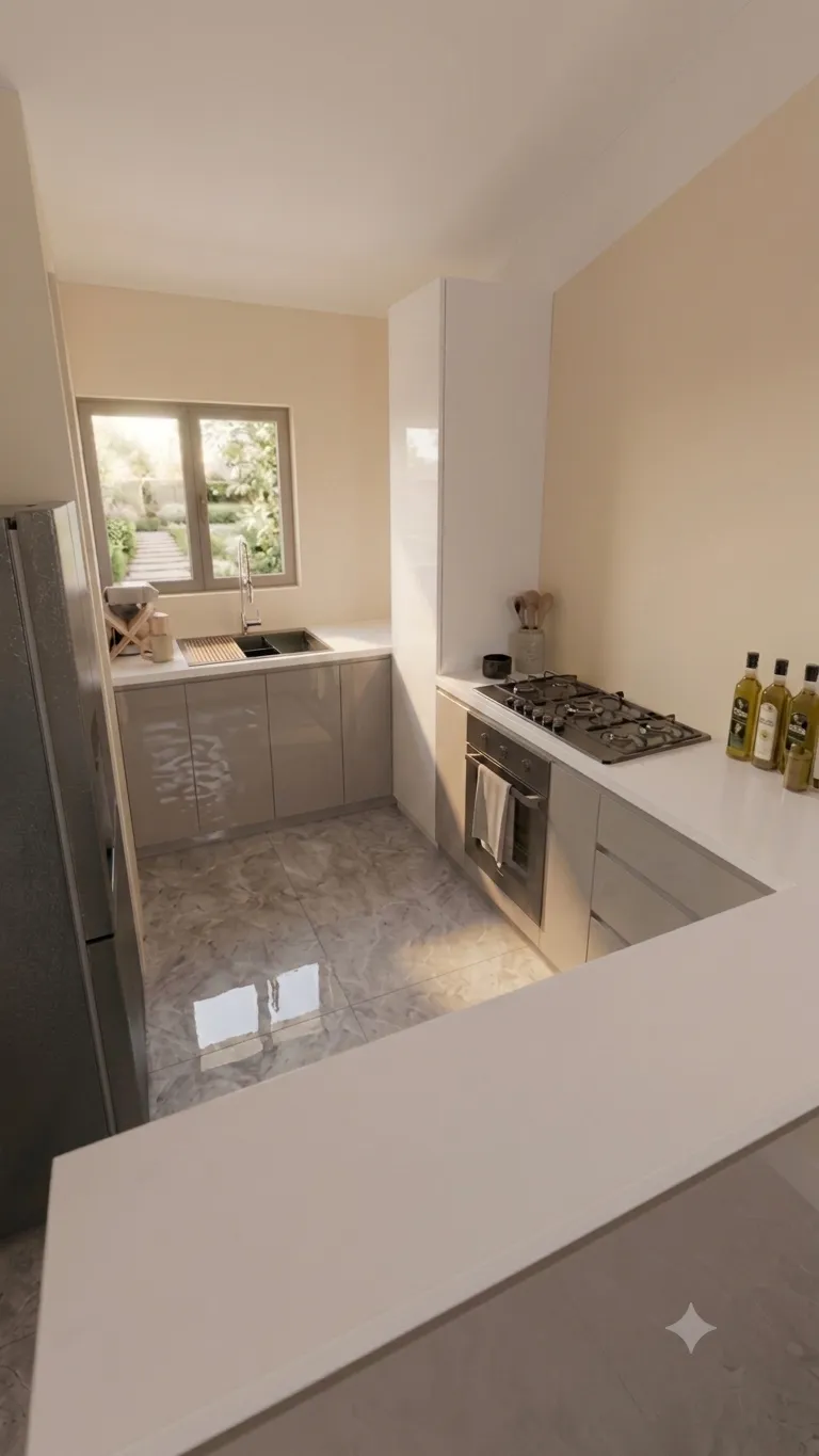 Render fotorrealista de cocina a medida con piso de mármol, horno empotrado y ventana al jardín