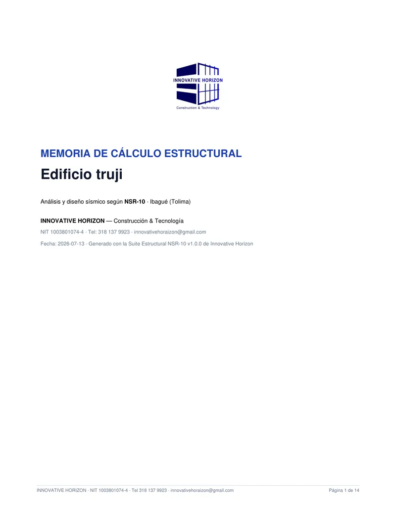 Portada de memoria de cálculo estructural NSR-10 con el logo de Innovative Horizon