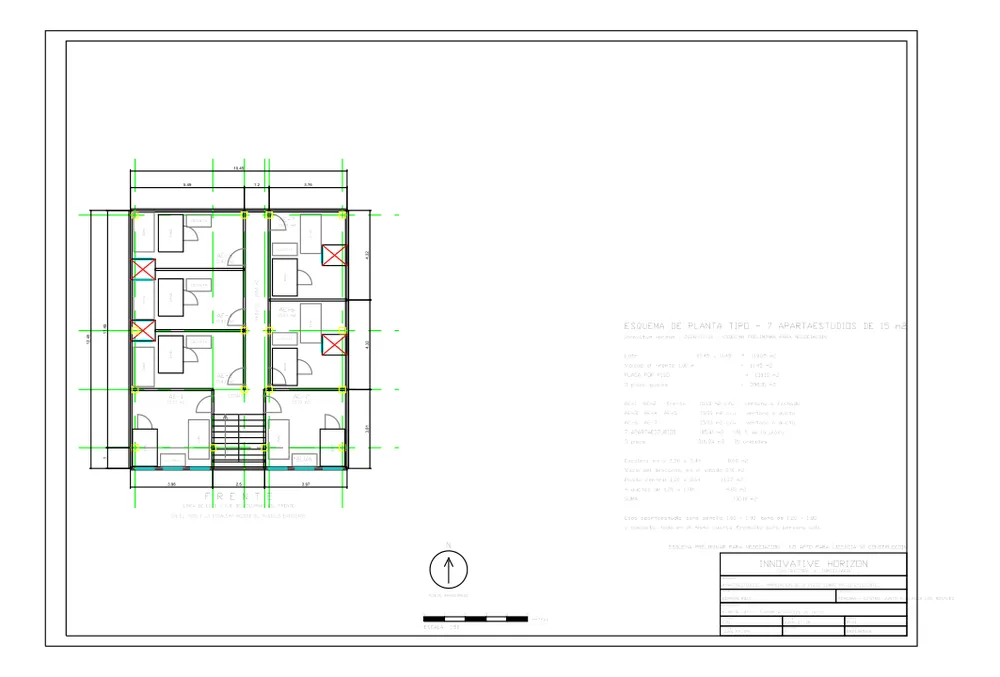 Plano de planta arquitectónica de siete apartaestudios con rótulo de Innovative Horizon