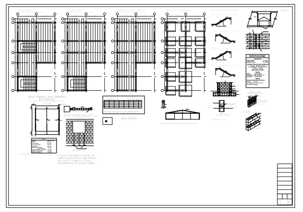 Lámina de planos estructurales con plantas de entrepiso, cimentación y despieces de escalera
