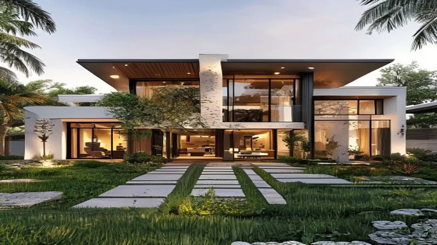 Render fotorrealista del exterior de una vivienda moderna de dos pisos con jardín